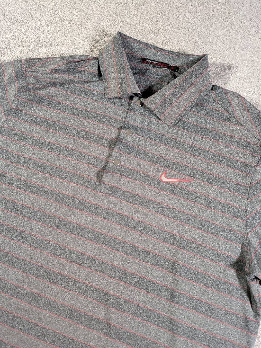 Nike Tiger Woods Men's M Golf Polo Grey Pink Striped Performance Dri-Fit